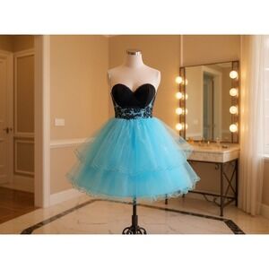 Sparkling Aqua Blue Black Lace Sweetheart Strapless Tulle Party Dress Short